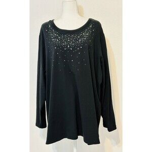 Quacker Factory Size 3X  Black Long Sleeve Rhinestone Embellished Top Occasion